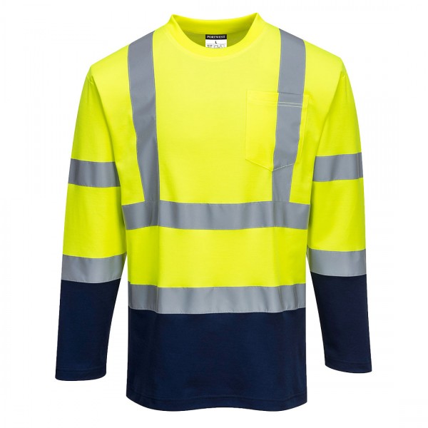 Zweifarbiges Baumwoll-Komfort-T-Shirt, Langarm, S280, Gelb/Navy