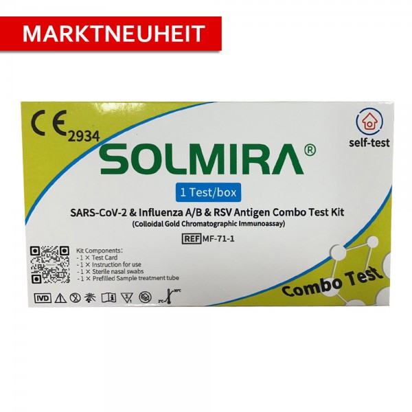 SOLMIRA® (fluorecare®) Combo 4in1Testkit SARS, Influenza A/B, RSV Viren schnelltest. Einzeltest