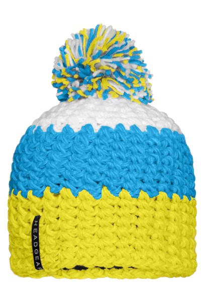 Crocheted Cap with Pompon, yellow/pacific/white, MB7940, one size