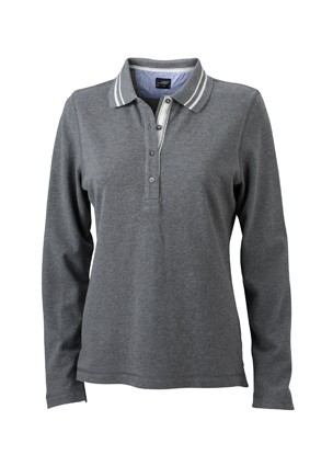 Ladies&#039; Polo Long-Sleeved, Polos, grey-melange/off-white