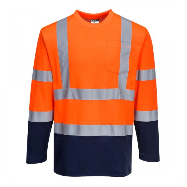 Zweifarbiges Baumwoll-Komfort-T-Shirt, Langarm, S280, Orange/Navy