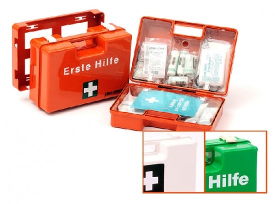 Erste-Hilfe-Koffer SAN, Inhalt nach DIN 13157 (2021-11) in Folientasche, Ausführung: orange mit 2-fa