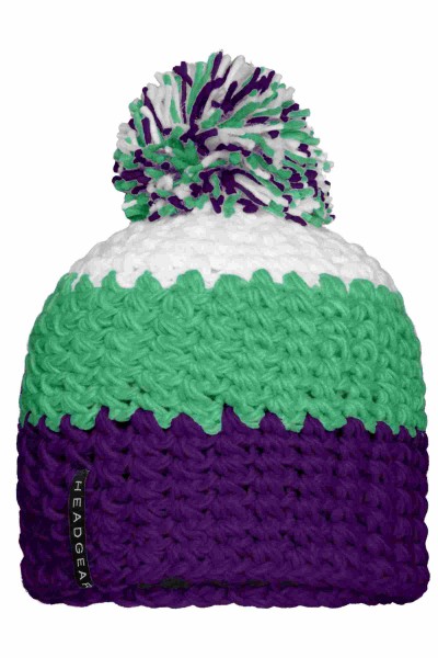 Crocheted Cap with Pompon, purple/lime-green/white, MB7940, one size