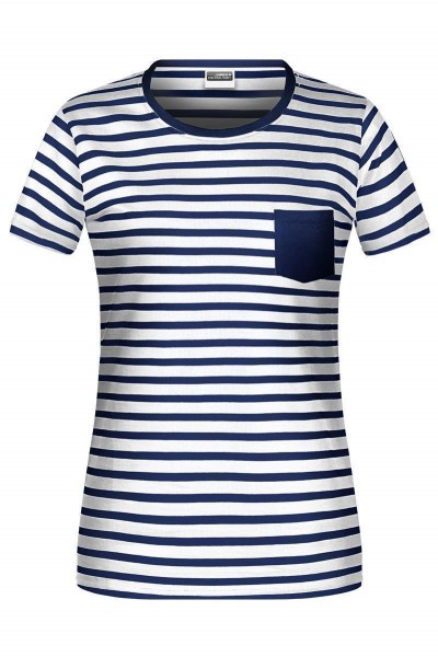 Ladies&#039; T-Shirt Striped 8027, white/navy