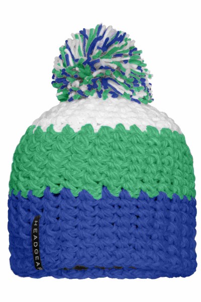 Crocheted Cap with Pompon, aqua/lime-green/white, MB7940, one size